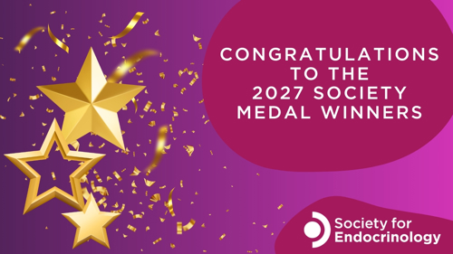Congratlulations to the 2027 society medal winner, on a fun prurple background decorated with stars and confetti