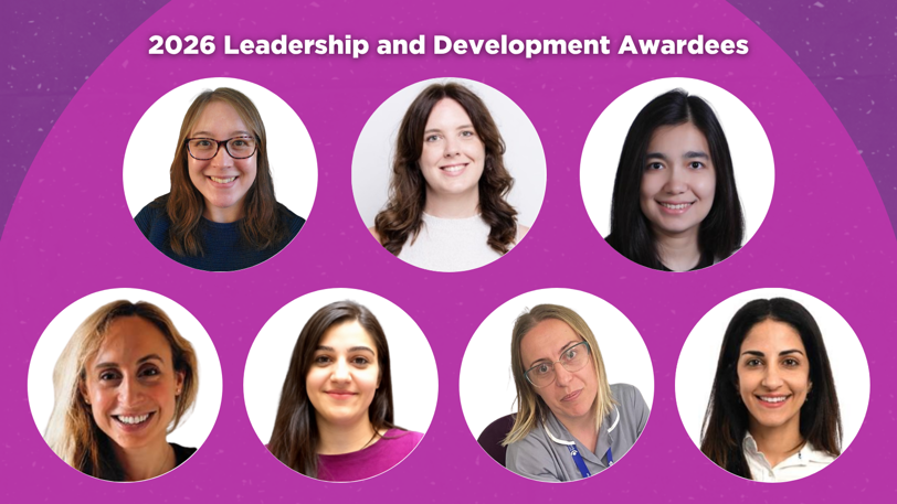 Purple promotional graphic with the heading “2026 Leadership and Development Awardees” and seven circular staff headshots displayed in two rows against a purple gradient background. Three portraits are shown on the top row and four on the bottom row.