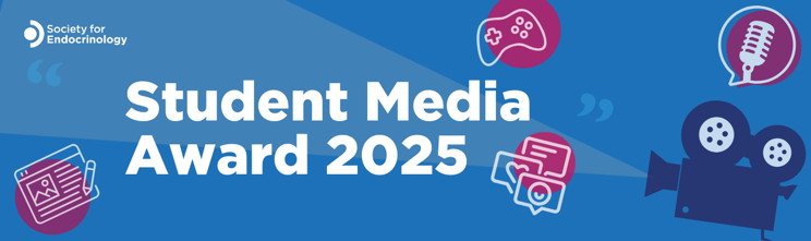Student Media Award 2025 in bold white writing on a blue background. There is an old fashioned projector with a shining light in the background. and then icons to represent podcasts, gaming, writing and media.