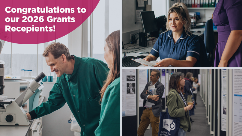 Promotional graphic with the text “Congratulations to our 2026 Grants Recipients!” on a pink banner. The image collage shows researchers using a microscope in a laboratory, a healthcare professional seated at a desk in a clinical environment, and conference attendees viewing scientific research posters.